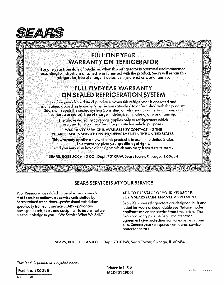 Full'gneyear warranty on refrigerator, Sears service is at your service, Part no. sr6088 | Full'gneyear, On refrigerator, Warranty | Sears 52268 User Manual | Page 16 / 16