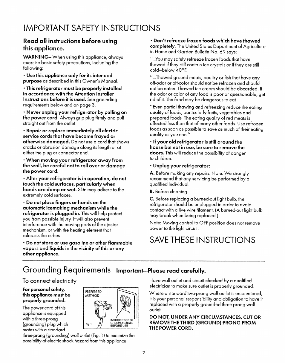 Read all instructions before using this appliance, To connect electricity, Grounding reguiroments | Important safety instructions, Save these instructions | Sears 52268 User Manual | Page 2 / 16