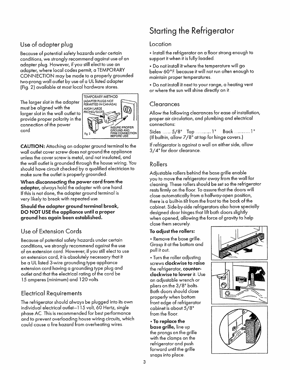 Use of adapter plug, Use of extension cords, Electrical requirements | Starting the refrigerator, Location, Clearances, Rollers | Sears 52268 User Manual | Page 3 / 16