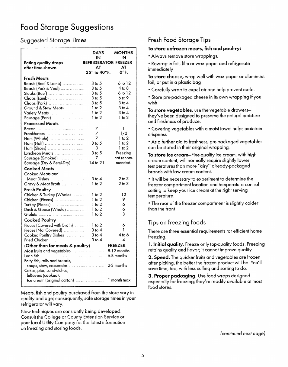 Food storage suggestions, Suggested storage times, Fresh food storage tips | Tips on freezing foods | Sears 52268 User Manual | Page 5 / 16