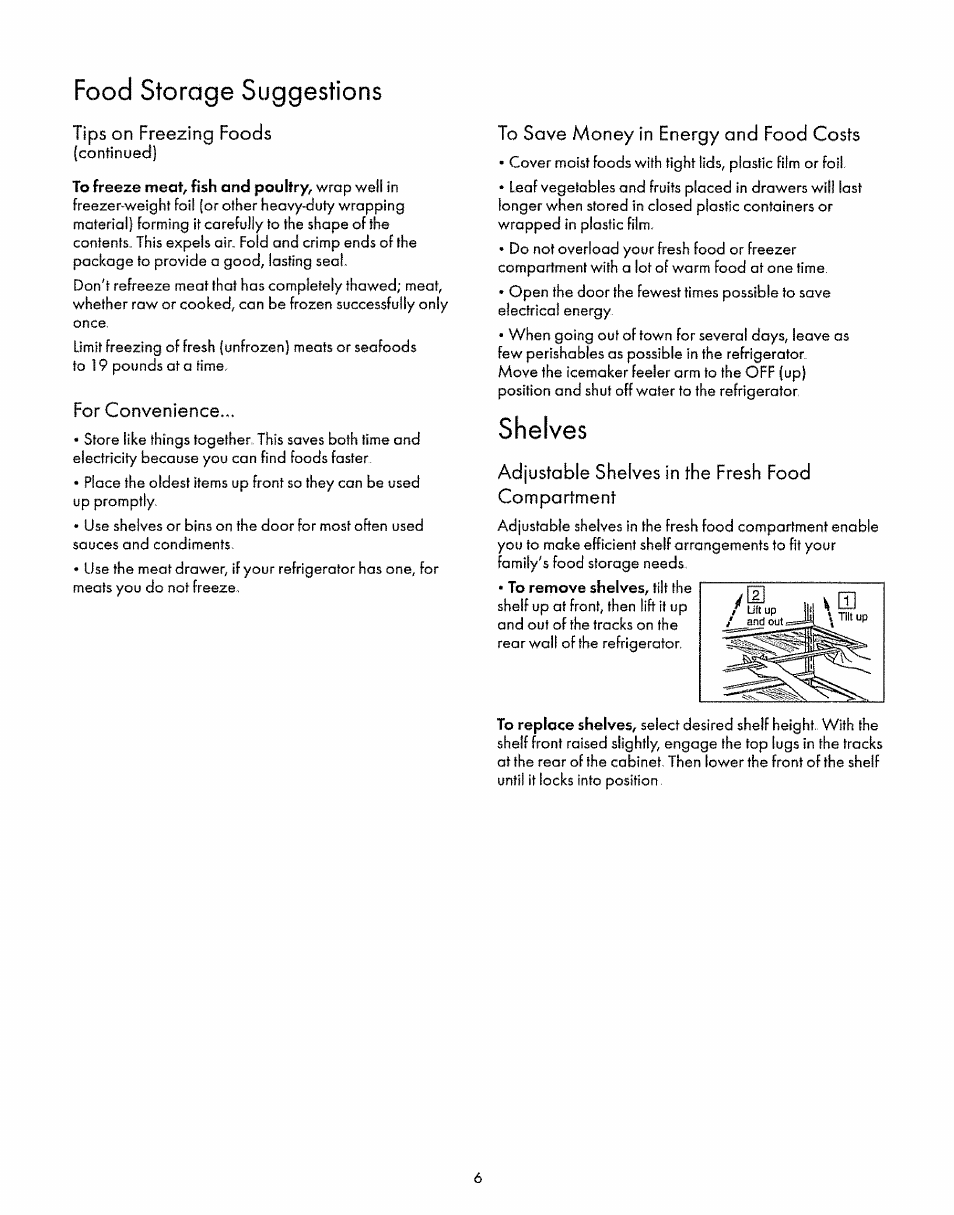 Tips on freezing foods, For convenience, To save money in energy and food costs | Shel, Adjustable shelves in the fresh food compartment, Shelves, Food storage suggestions | Sears 52268 User Manual | Page 6 / 16