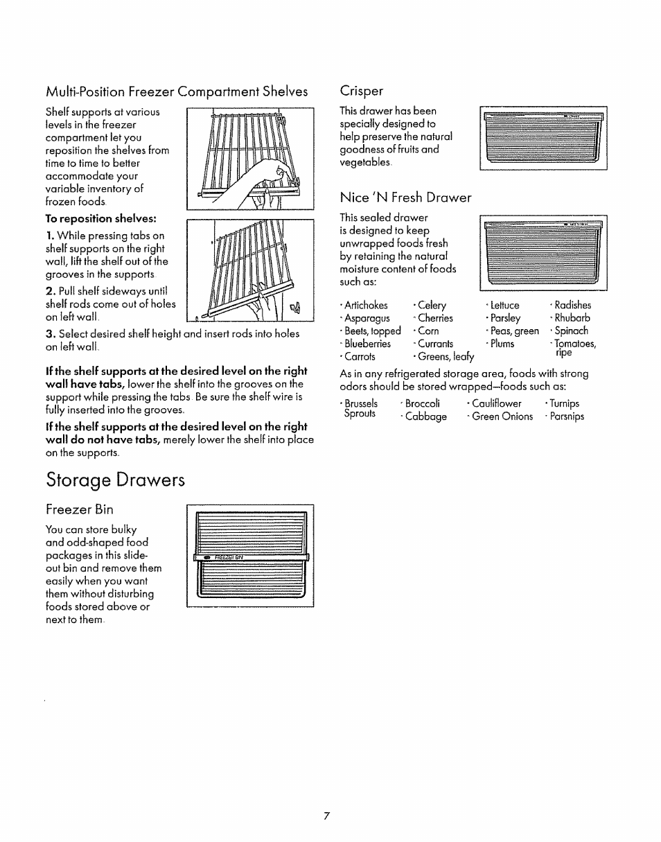 Storage drawers, Freezer bin, Nice 'n fresh drawer | Sears 52268 User Manual | Page 7 / 16