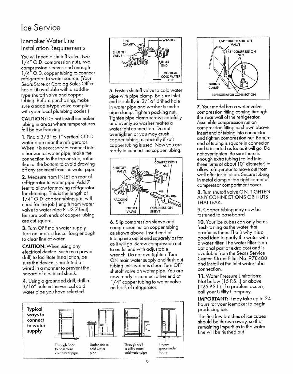 Ice service, Icemaker water line installation requirements | Sears 52268 User Manual | Page 9 / 16