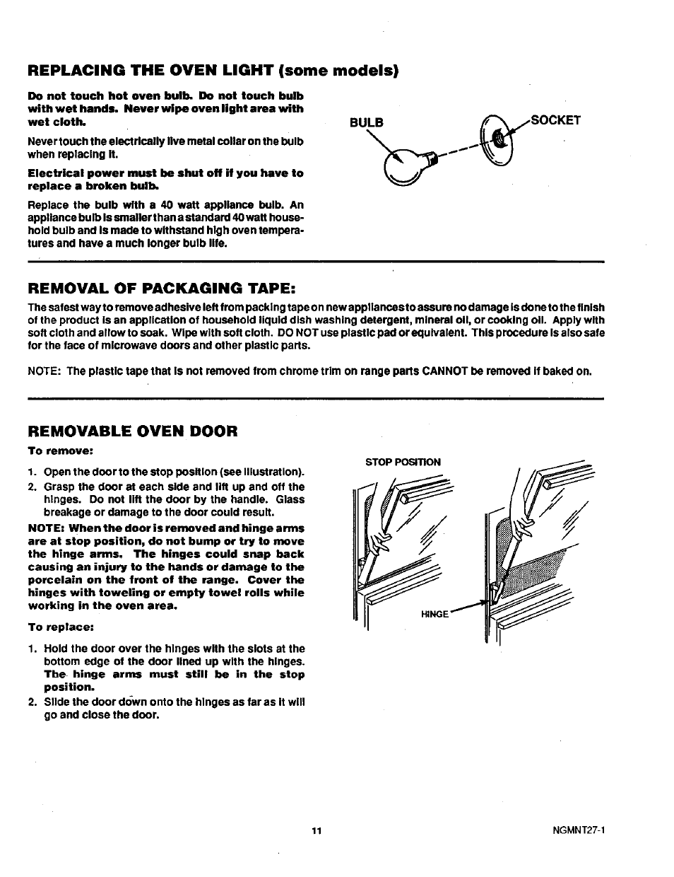 Replacing the oven light (some models), Removal of packaging tape, Removable oven door | Sears 71381 User Manual | Page 12 / 20
