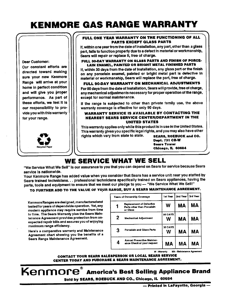 Kenmore, Kenmore gas range warranty, We service what we sell | America’s best selling appliance brand, Wma ma | Sears 71381 User Manual | Page 19 / 20