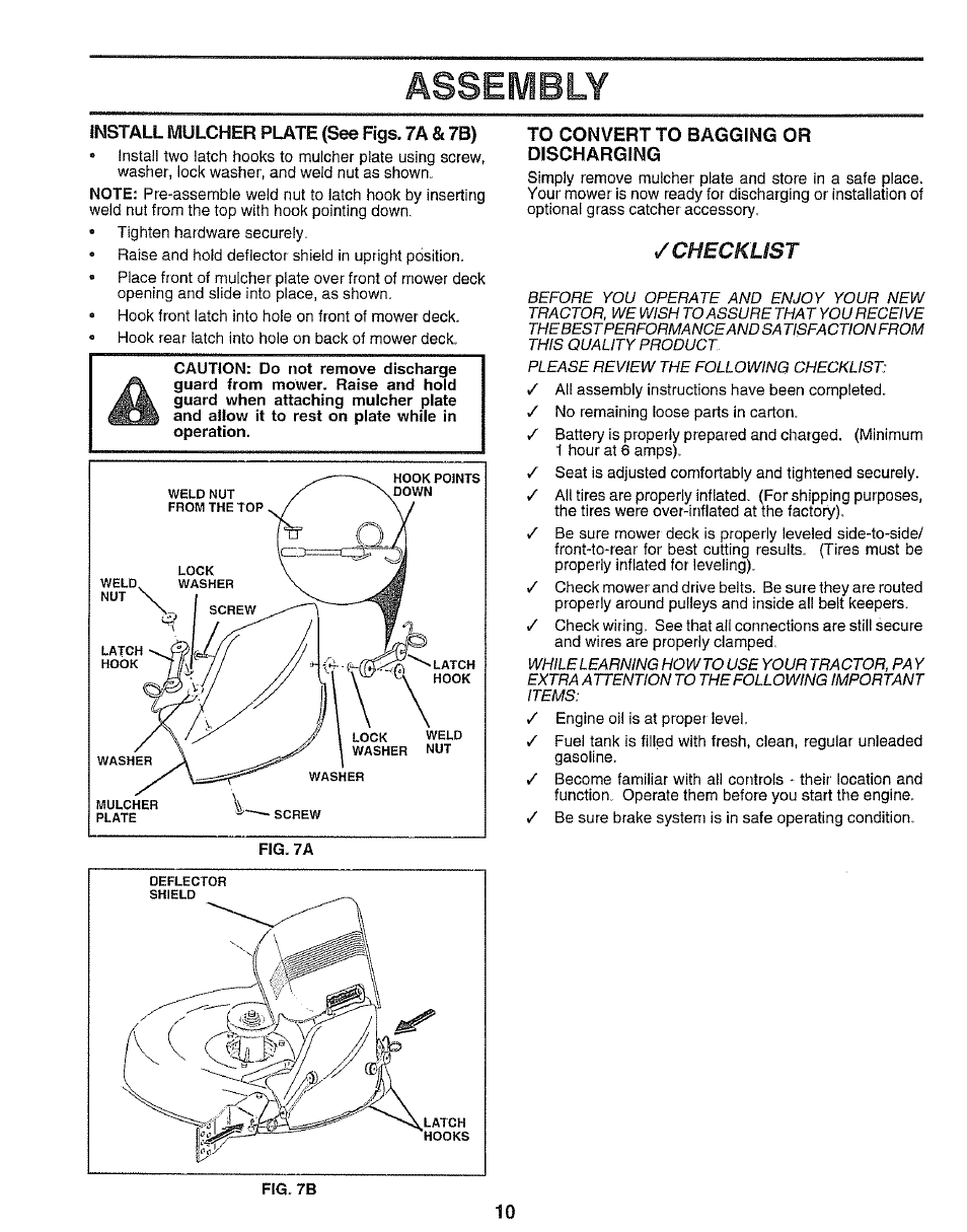 Install mulcher plate (see figs. 7a & 7b), To convert to bagging or discharging, Assembly | Checklist | Sears 917.25545 User Manual | Page 10 / 26