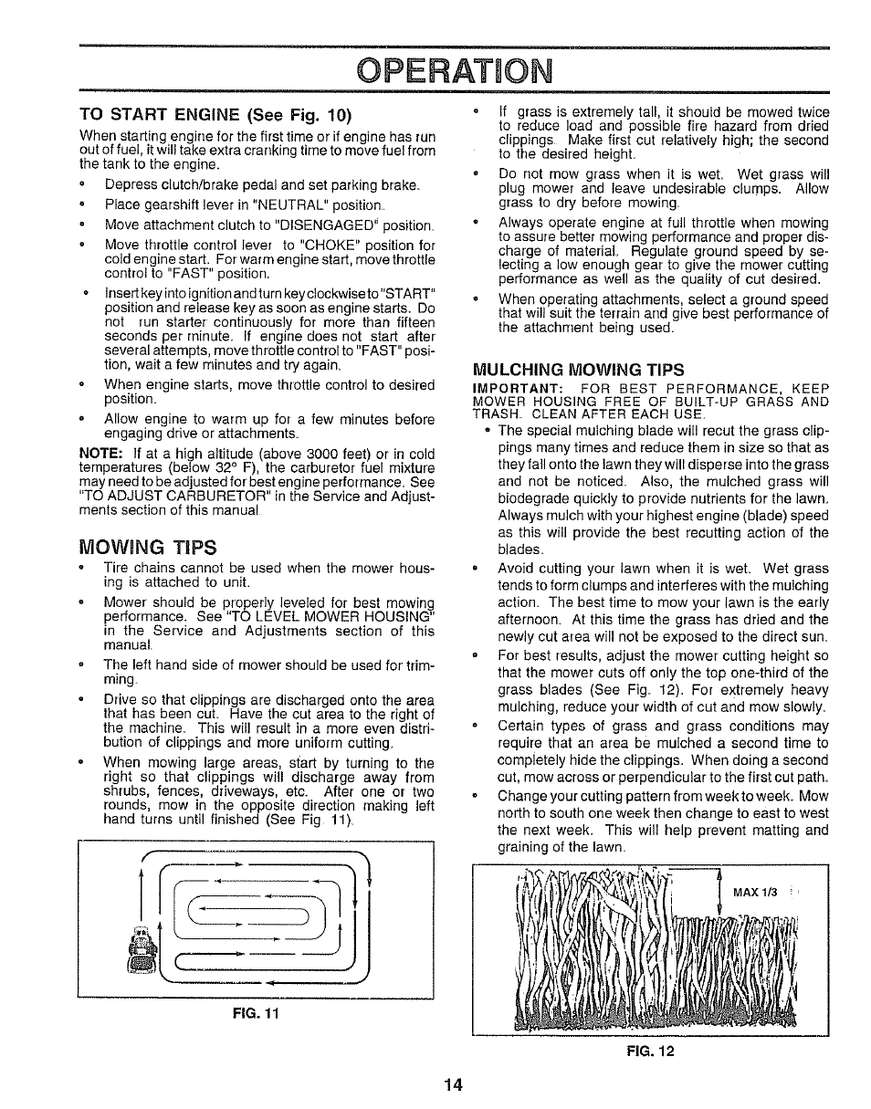 To start engine (see fig. 10), Mulching mowing tips, Operation | Mowing tips | Sears 917.25545 User Manual | Page 14 / 26