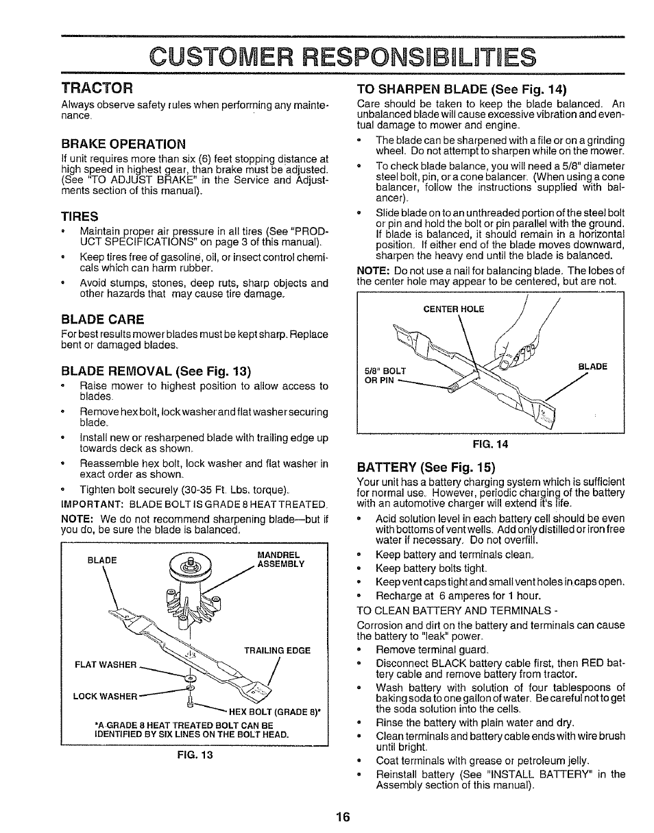 Tractor, Brake operation, Tires | Blade care, Blade removal (see fig. 13), To sharpen blade (see fig. 14), Battery (see fig. 15), Customer responsibilities | Sears 917.25545 User Manual | Page 16 / 26