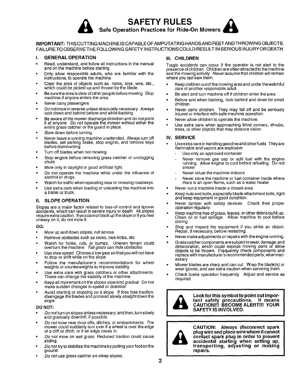 Safety rules, Safe operation practices for ride-on mowers | Sears 917.25545 User Manual | Page 2 / 26