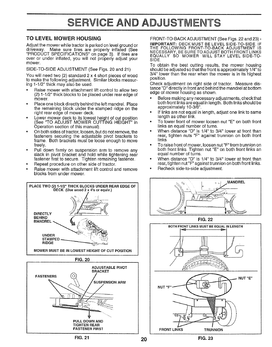 To level mower housing, Service and adjustments | Sears 917.25545 User Manual | Page 20 / 26