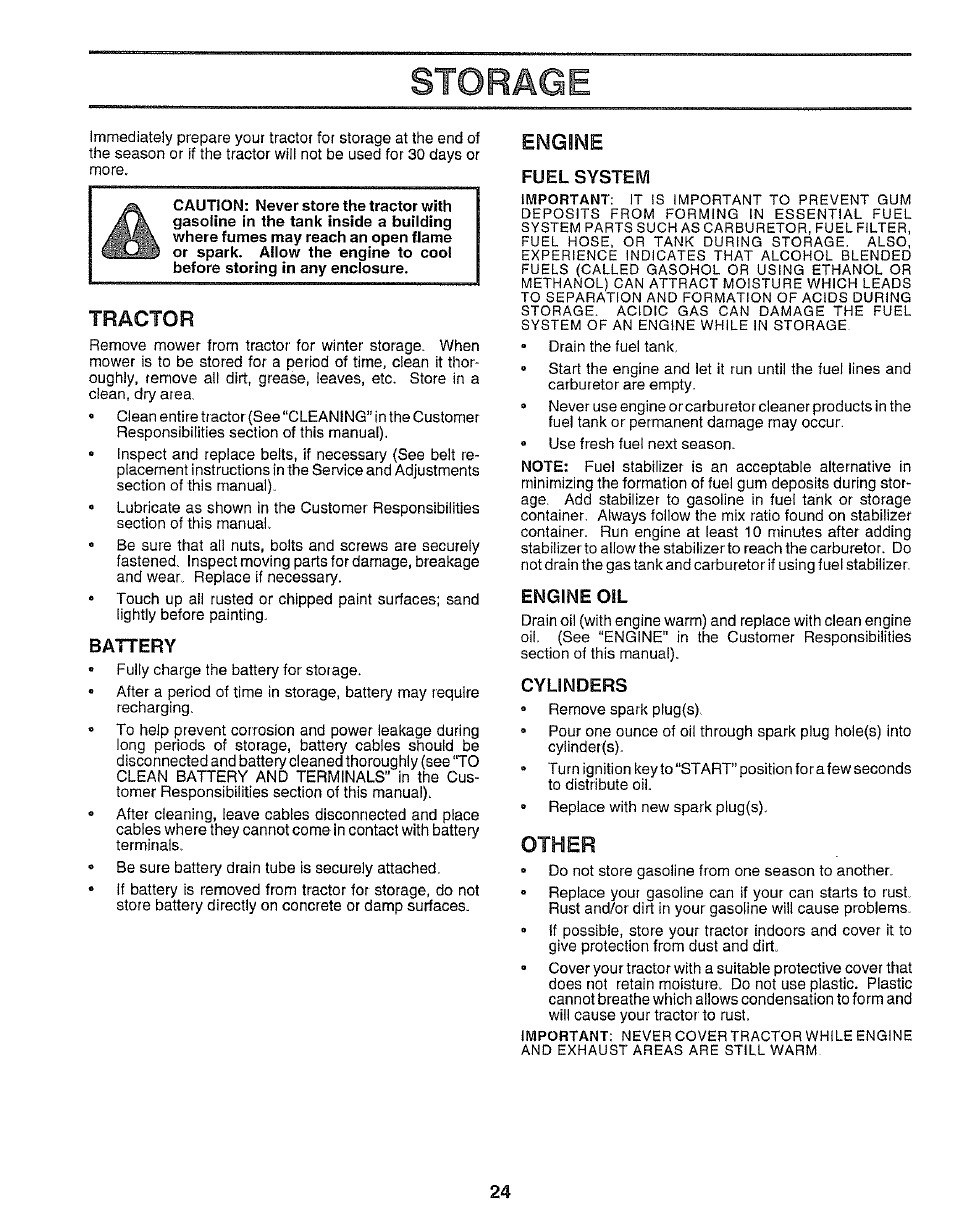 Storage, Battery, Fuel system | Engine oil, Cylinders, Tractor, Engine, Other | Sears 917.25545 User Manual | Page 24 / 26