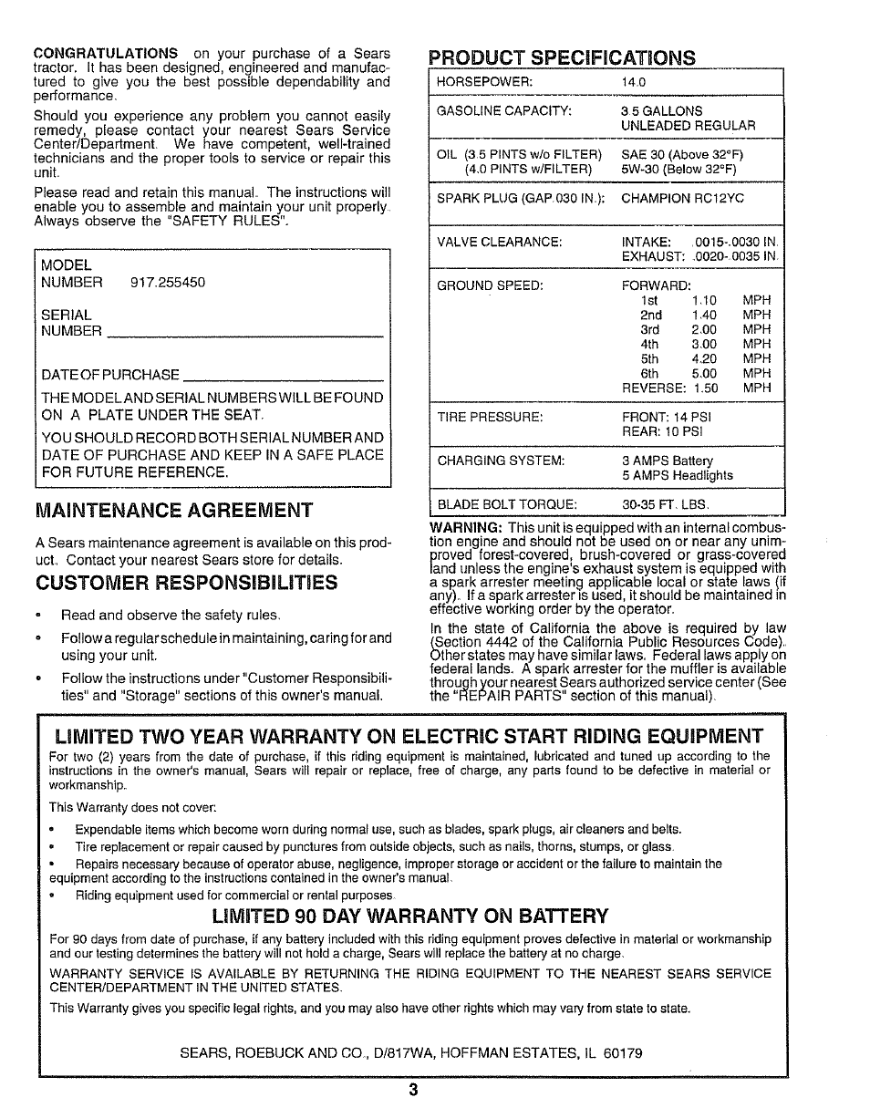 Product specifications, Maintenance agreement, Customer responsibilities | Limited 90 day warranty on battery | Sears 917.25545 User Manual | Page 3 / 26