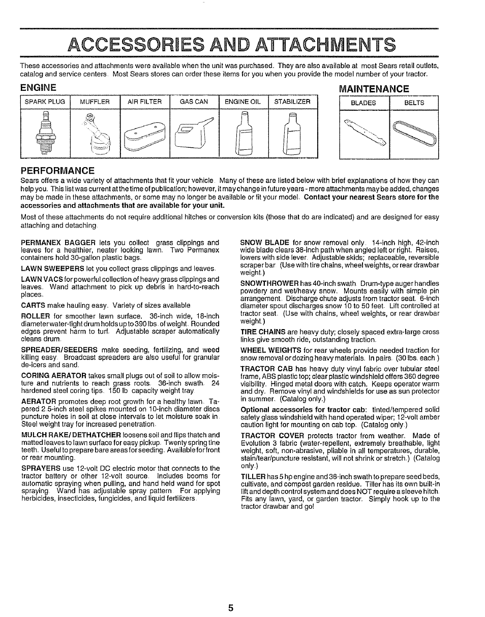 Maintenance, Performance, Accessories and attachments | Engine maintenance performance | Sears 917.25545 User Manual | Page 5 / 26