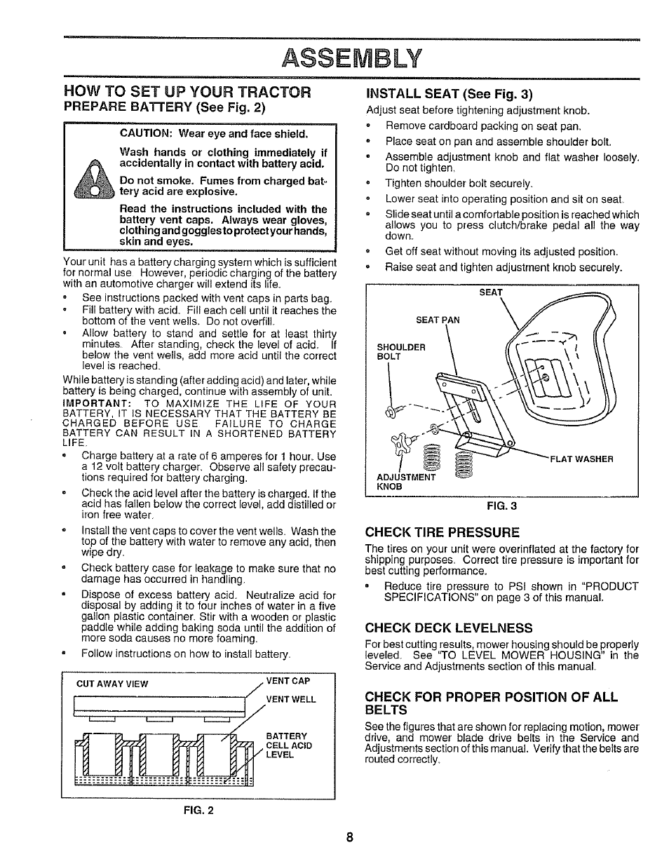 Prepare battery (see fig. 2), Install seat (see fig. 3), Check tire pressure | Check deck levelness, Check for proper position of all belts, Assembly, How to set up your tractor | Sears 917.25545 User Manual | Page 8 / 26
