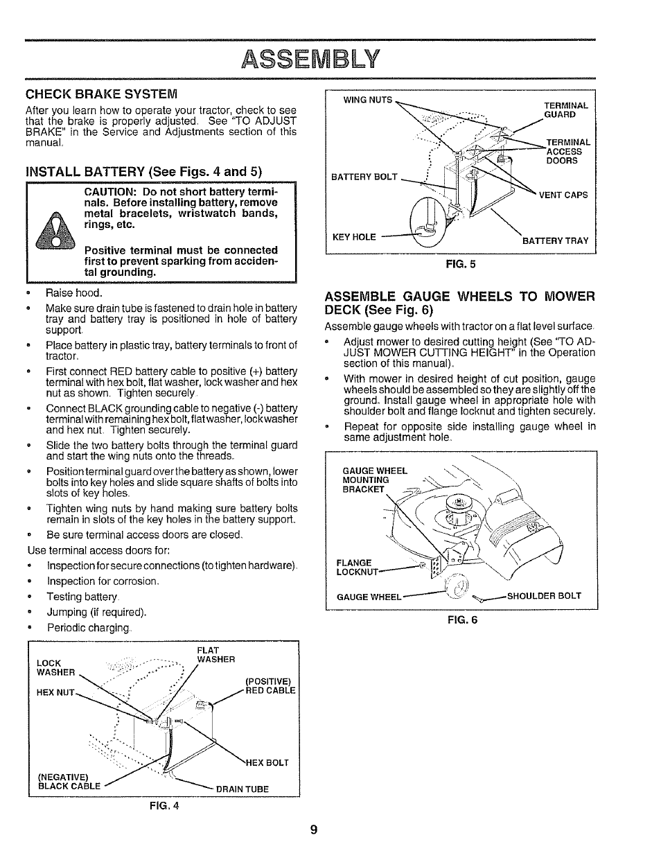 Check brake system, Install battery {see figs. 4 and 5), Assemble gauge wheels to mower deck (see fig. 6) | Assembly | Sears 917.25545 User Manual | Page 9 / 26