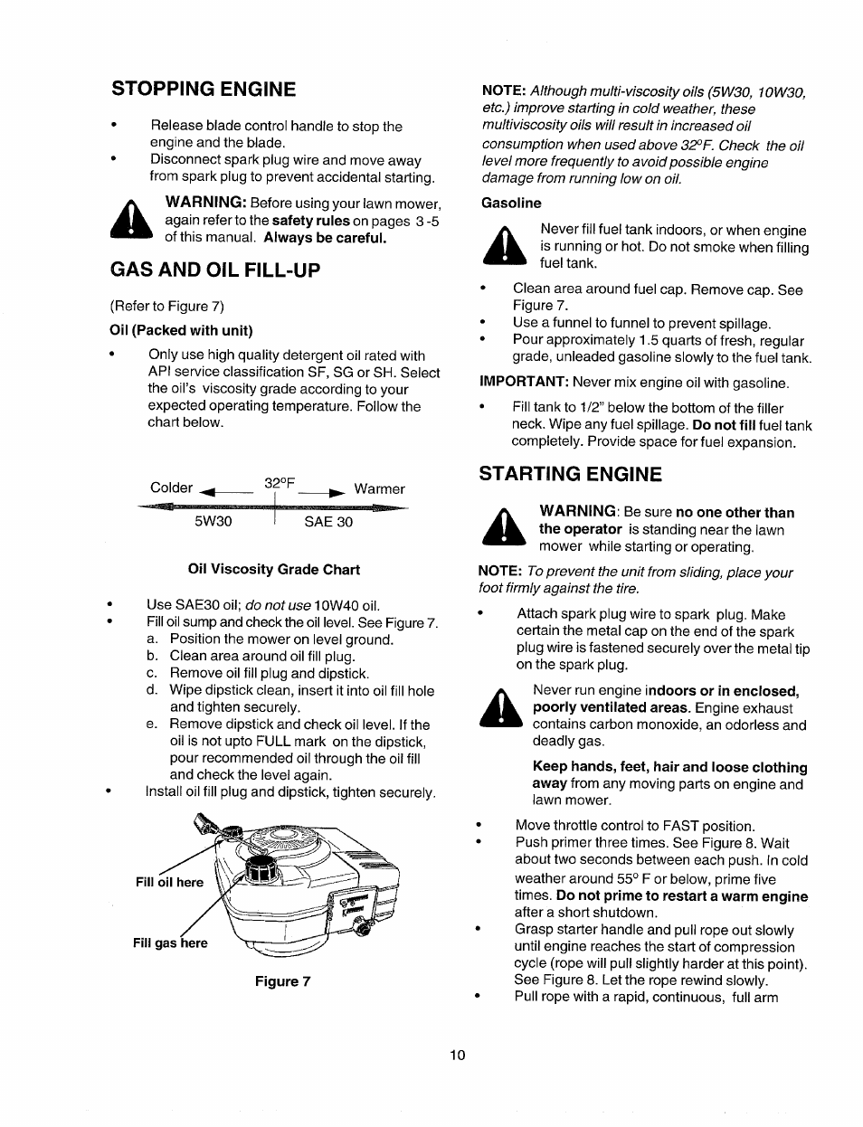 Stopping engine, Gas and oil fill-up, Oil viscosity grade chart | Gasoline, Starting engine | Sears 247.37035 User Manual | Page 10 / 50