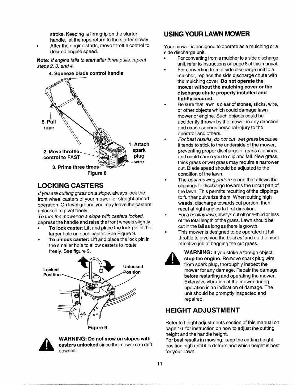 Locking casters, Using your lawn mower, Height adjustment | Sears 247.37035 User Manual | Page 11 / 50