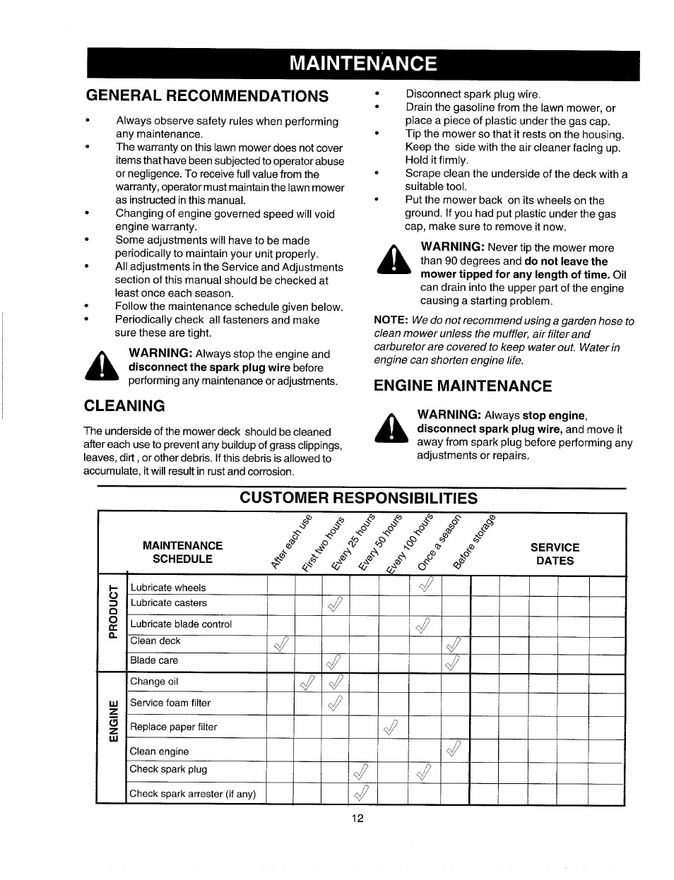 General recommendations, Engine maintenance, Cleaning | Maintenance, Engine maintenance cleaning, Customer responsibilities, S’ s s s s' s, S (s | Sears 247.37035 User Manual | Page 12 / 50