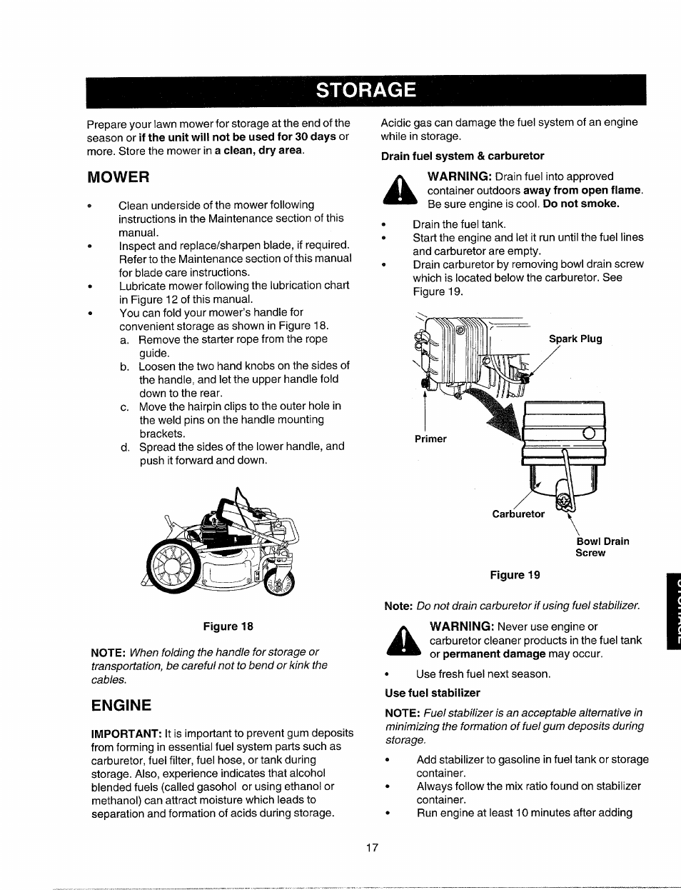 Mower, Engine, Use fuel stabilizer | Storage | Sears 247.37035 User Manual | Page 17 / 50