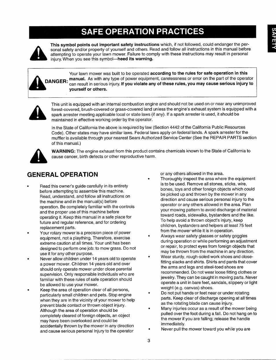 Danger, General operation, Safe operation practices | Sears 247.37035 User Manual | Page 3 / 50