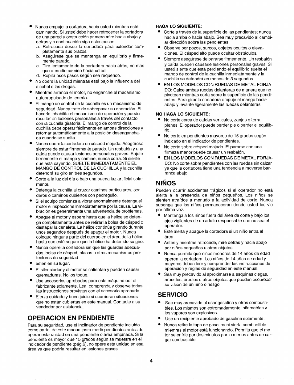 Operacion en pendiente, Niños, Servicio | Sears 247.37035 User Manual | Page 34 / 50