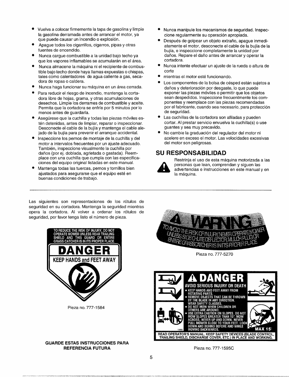 A danger, Danger, Su responsabilidad | Sears 247.37035 User Manual | Page 35 / 50