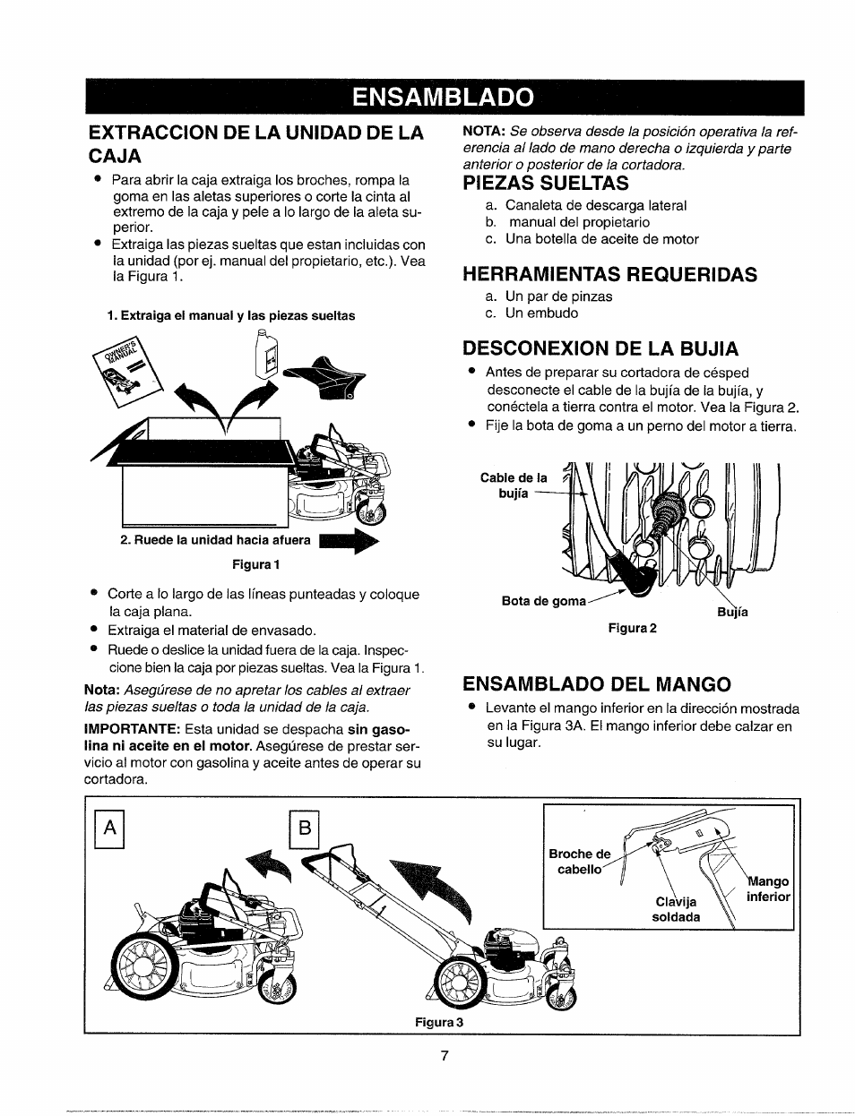 Extraccion de la unidad de la caja, Piezas sueltas, Herramientas requeridas | Desconexion de la bujia, Ensamblado del mango, Ensamblado | Sears 247.37035 User Manual | Page 37 / 50