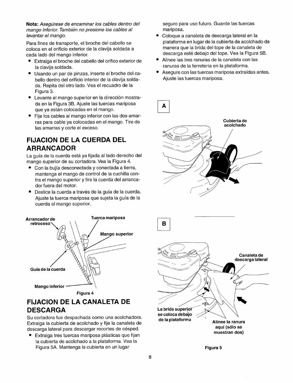 Fijacion de la cuerda del arrancador, Fijacion de la canaleta de descarga | Sears 247.37035 User Manual | Page 38 / 50