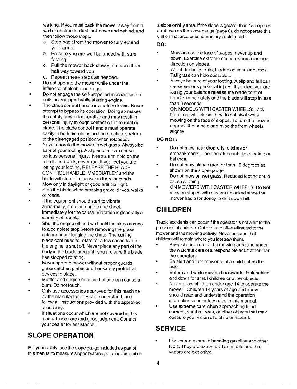 Slope operation, Do not, Children | Service | Sears 247.37035 User Manual | Page 4 / 50