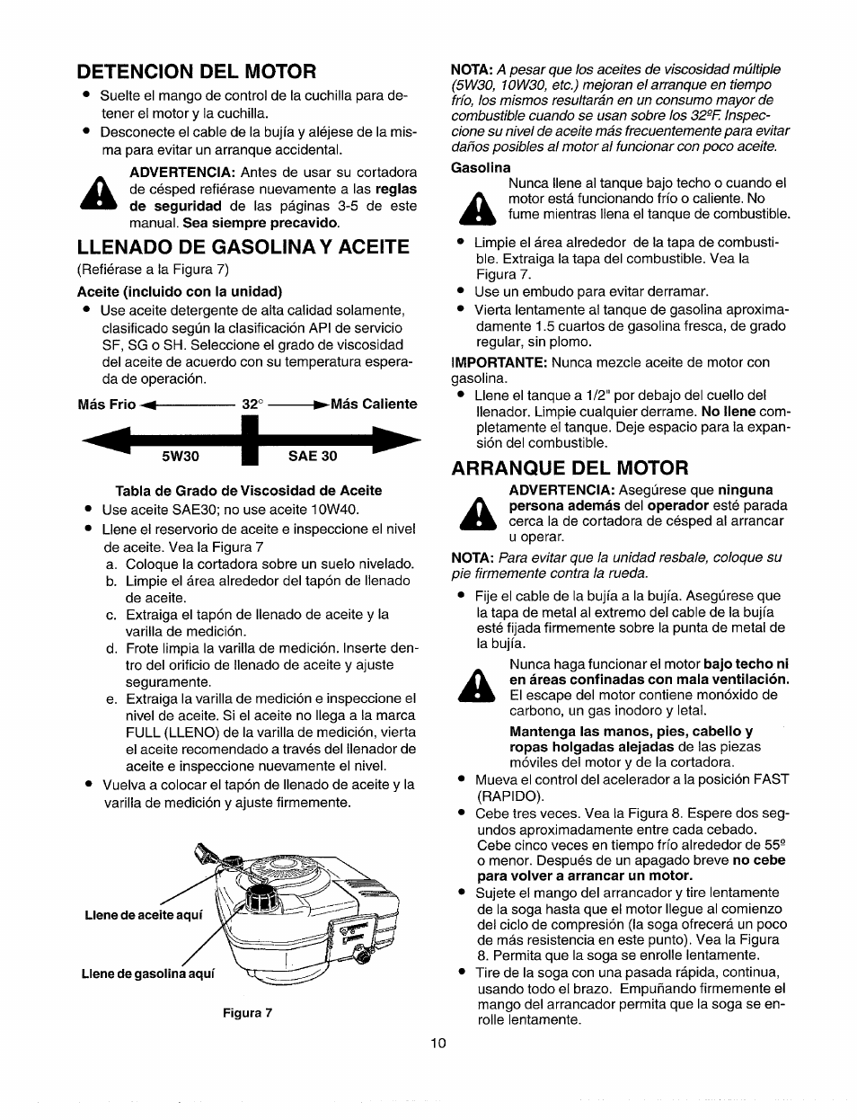 Detencion del motor, Llenado de gasolina y aceite, Arranque del motor | Sears 247.37035 User Manual | Page 40 / 50