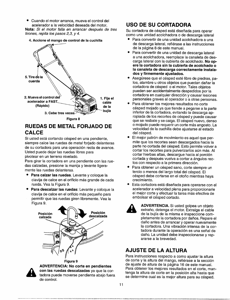 Ruedas de metal forjado de calce, Uso de su cortadora, Ajuste de la altura | Sears 247.37035 User Manual | Page 41 / 50