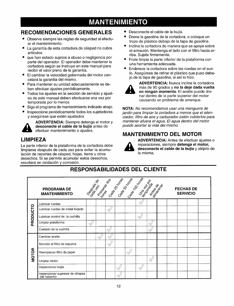 Recomendaciones generales, Limpieza, Mantenimiento del motor | Responsabilidades del cliente, Programa de mantenimiento, Fechas de servicio, Mantenimiento, Ç, i | Sears 247.37035 User Manual | Page 42 / 50