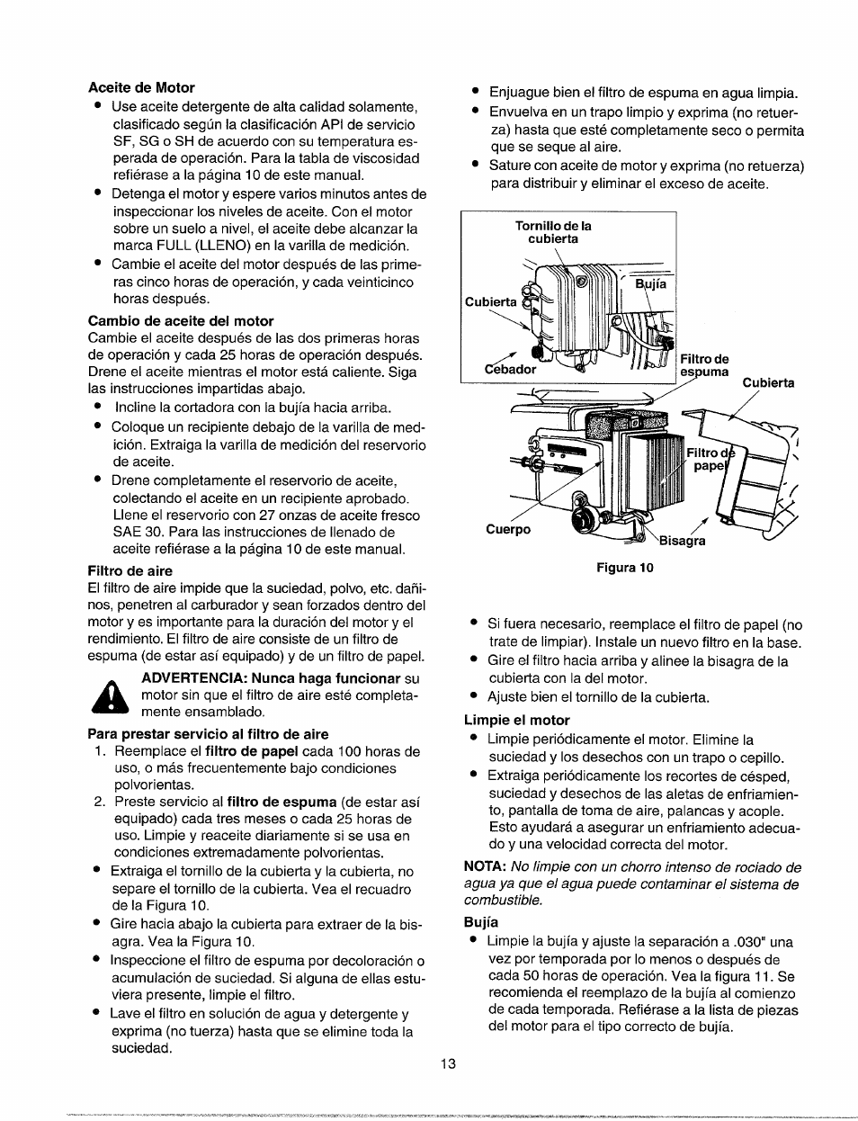 Aceite de motor, Cambio de aceite dei motor, Filtro de aire | Sears 247.37035 User Manual | Page 43 / 50