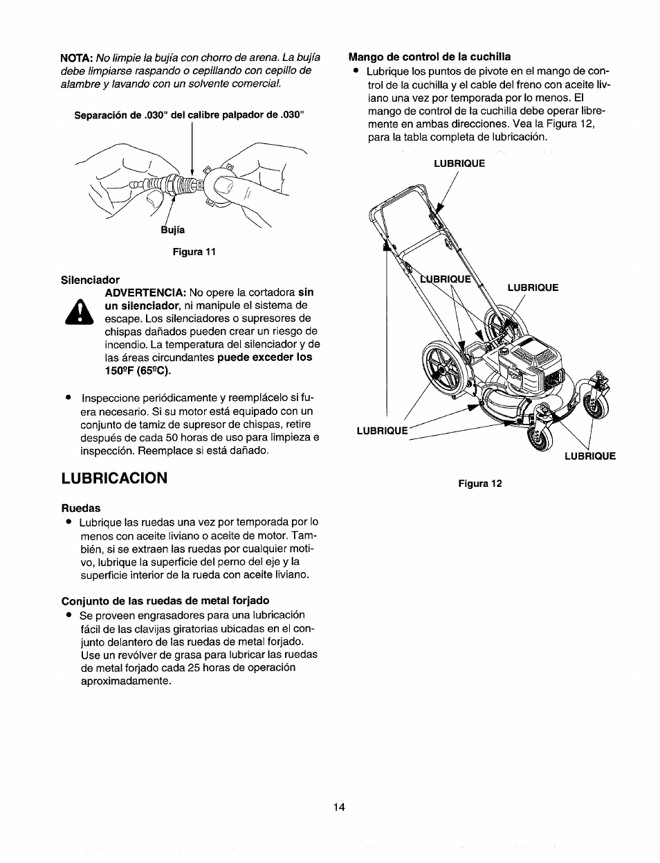 Silenciador, Lubricacion, Ruedas | Conjunto de las ruedas de metal forjado, Mango de control de la cuchilla | Sears 247.37035 User Manual | Page 44 / 50