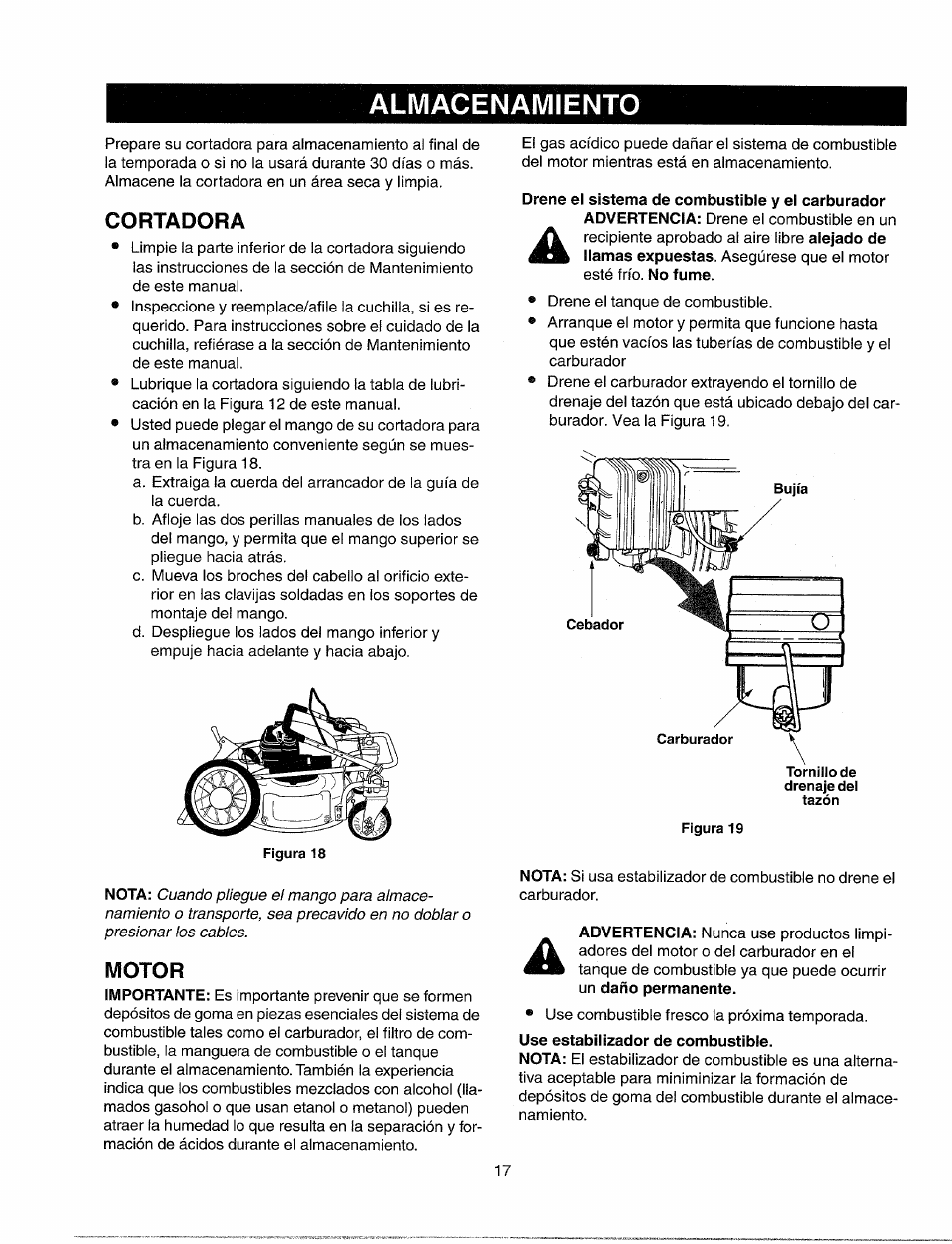 Cortadora, Motor, Almacenamiento | Sears 247.37035 User Manual | Page 47 / 50