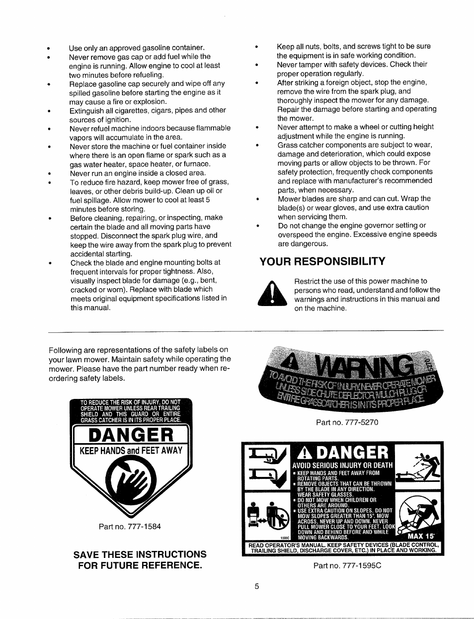 Your responsibility, A danger, Avoid serious injury or death | Sfeiis, Save these instructions for future reference | Sears 247.37035 User Manual | Page 5 / 50