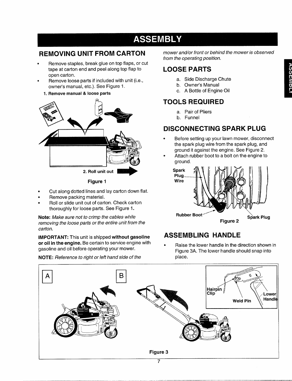 Removing unit from carton, Loose parts, Tools required | Disconnecting spark plug, Assembling handle, Assembly | Sears 247.37035 User Manual | Page 7 / 50