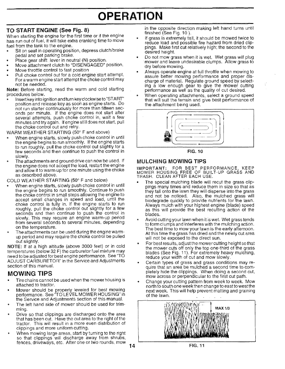 To start engine (see fig. 8), Mowing tips, Mulching mowing tips | Operation | Sears 917.259567 User Manual | Page 14 / 56
