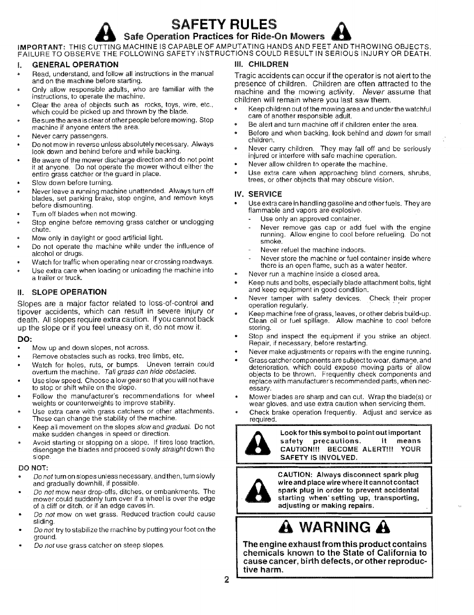 Safe operation practices for ride-on mowers, Warning, Safety rules | Sears 917.259567 User Manual | Page 2 / 56
