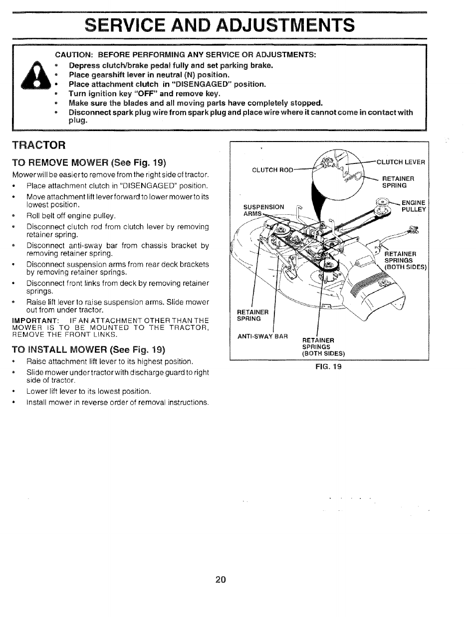 Tractor, To remove mower (see fig. 19), To install mower (see fig. 19) | Service and adjustments | Sears 917.259567 User Manual | Page 20 / 56