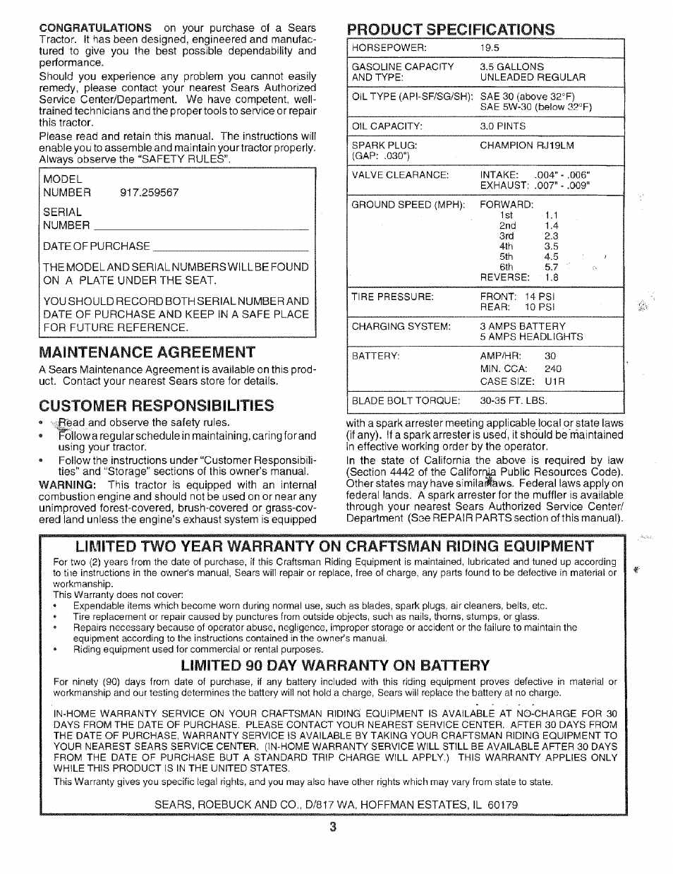 Maintenance agreement, Customer responsibilities, Limited 90 day warranty on battery | Sears 917.259567 User Manual | Page 3 / 56