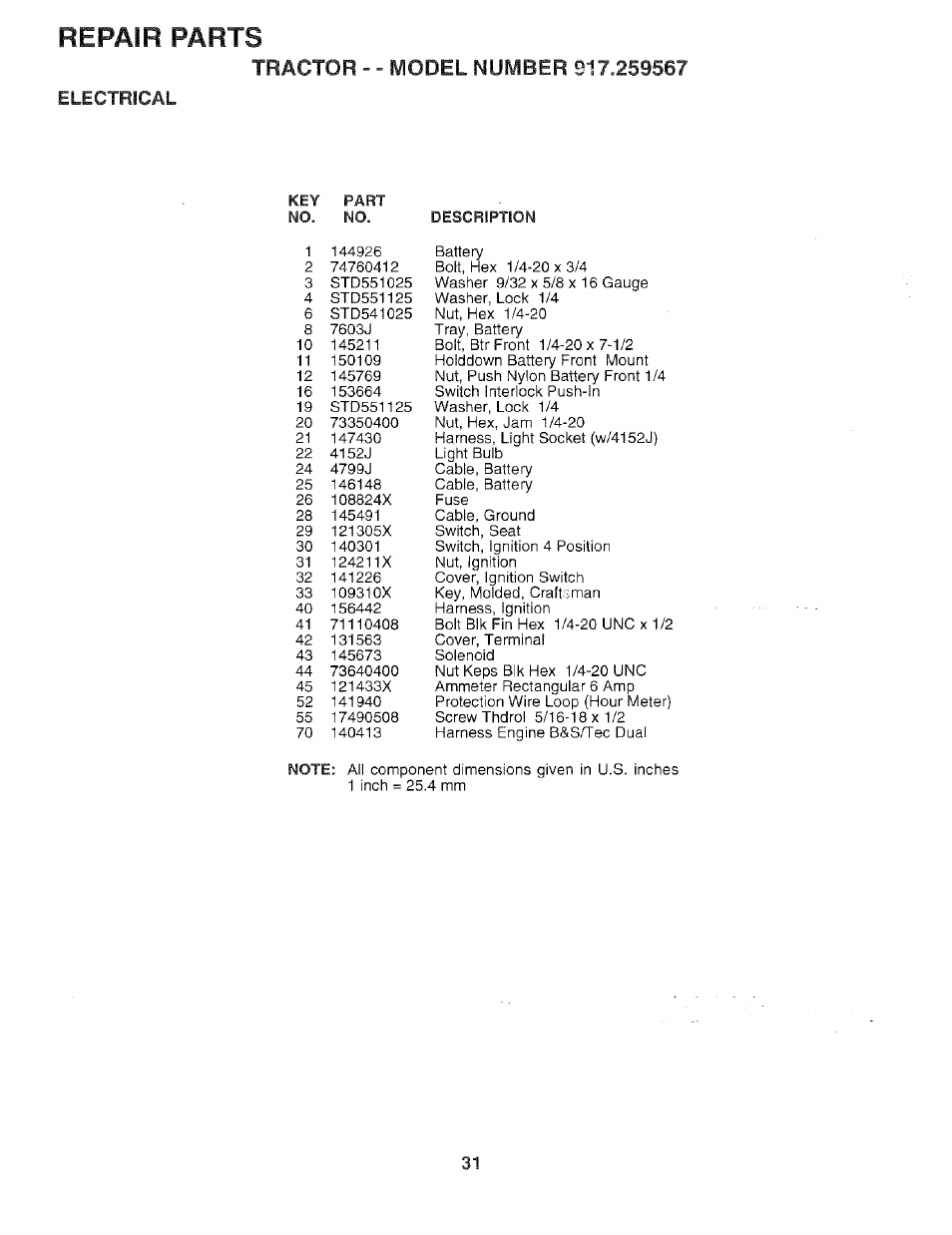 Repair parts | Sears 917.259567 User Manual | Page 31 / 56