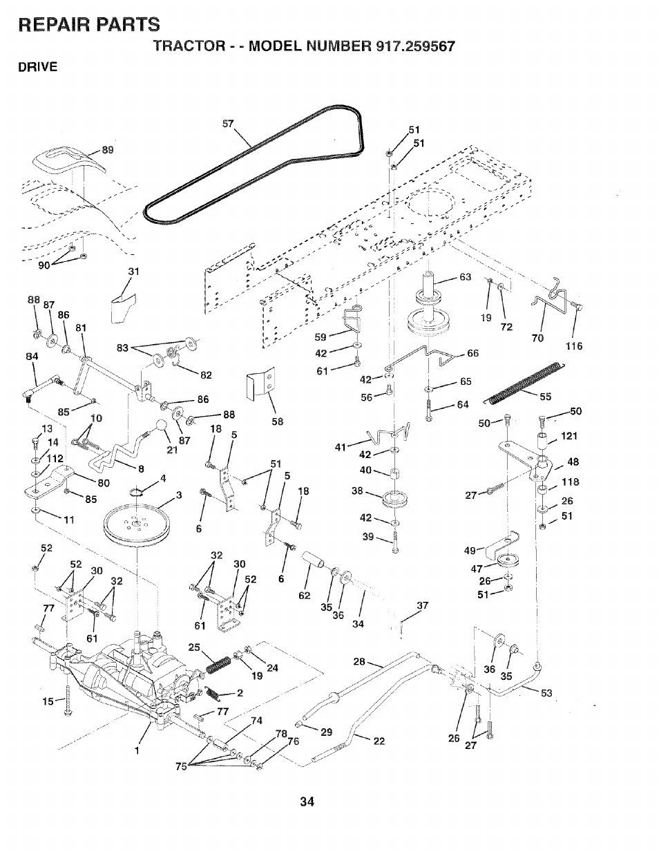 Drive, Repair parts, Tractor | Sears 917.259567 User Manual | Page 34 / 56