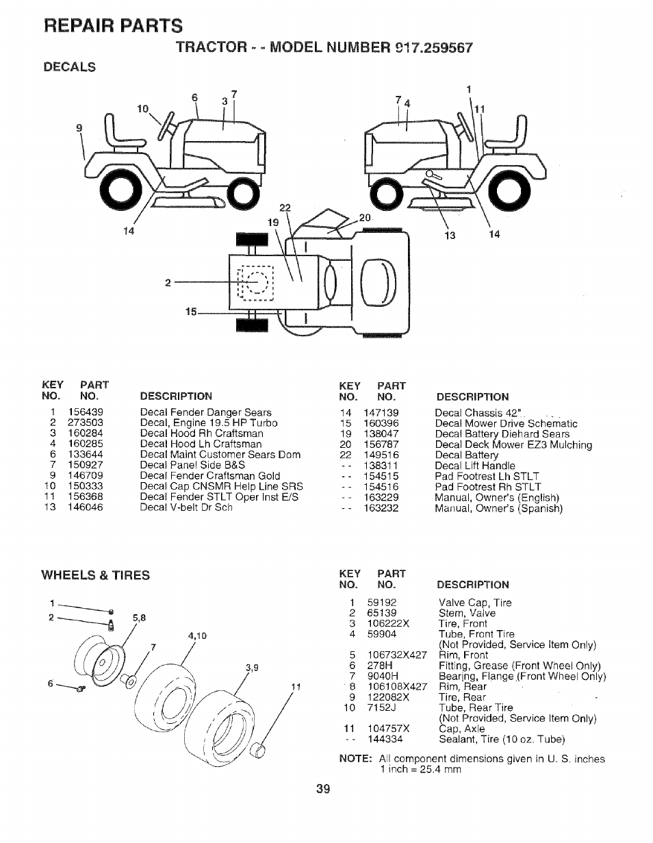 Repair parts | Sears 917.259567 User Manual | Page 39 / 56