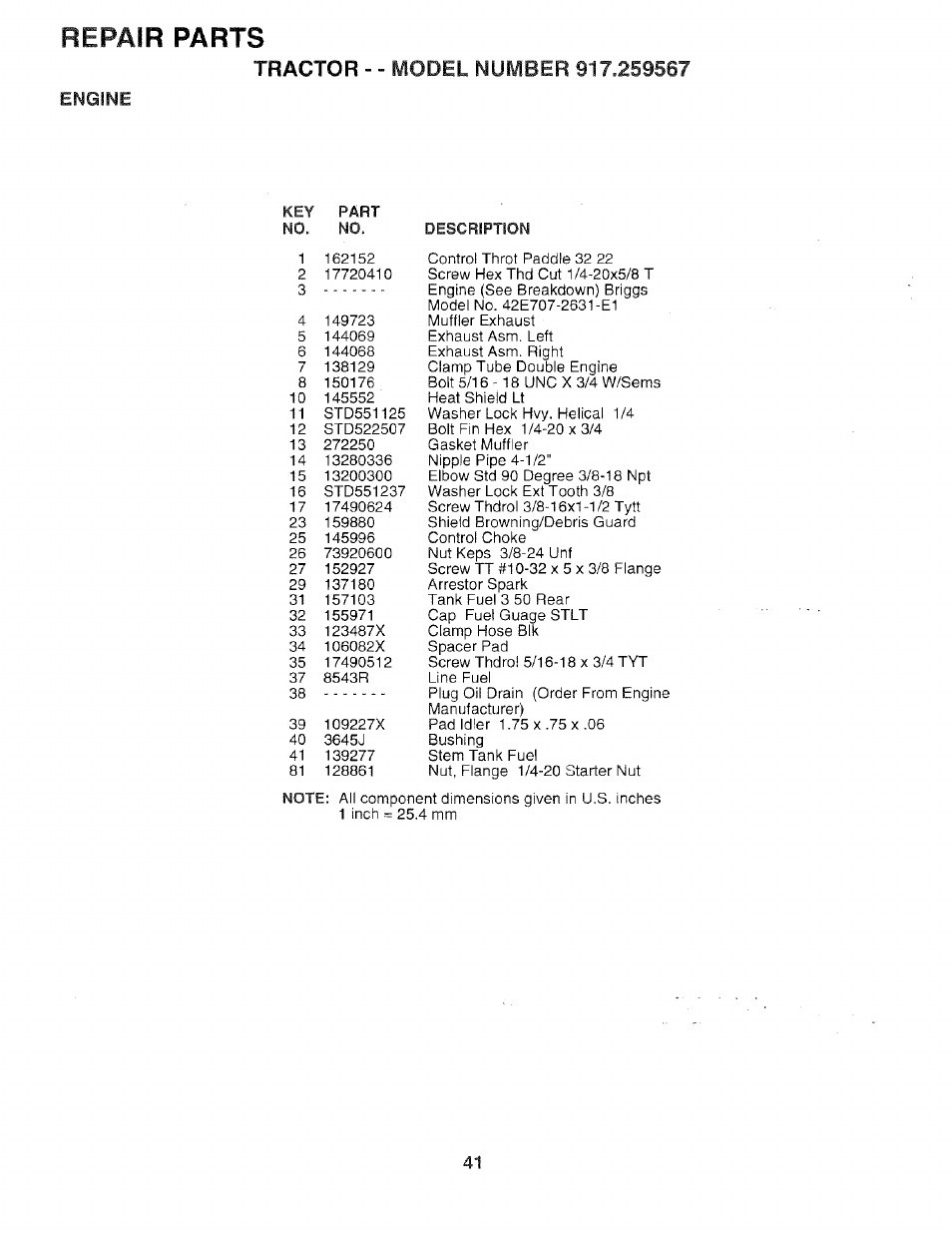 Repair parts | Sears 917.259567 User Manual | Page 41 / 56