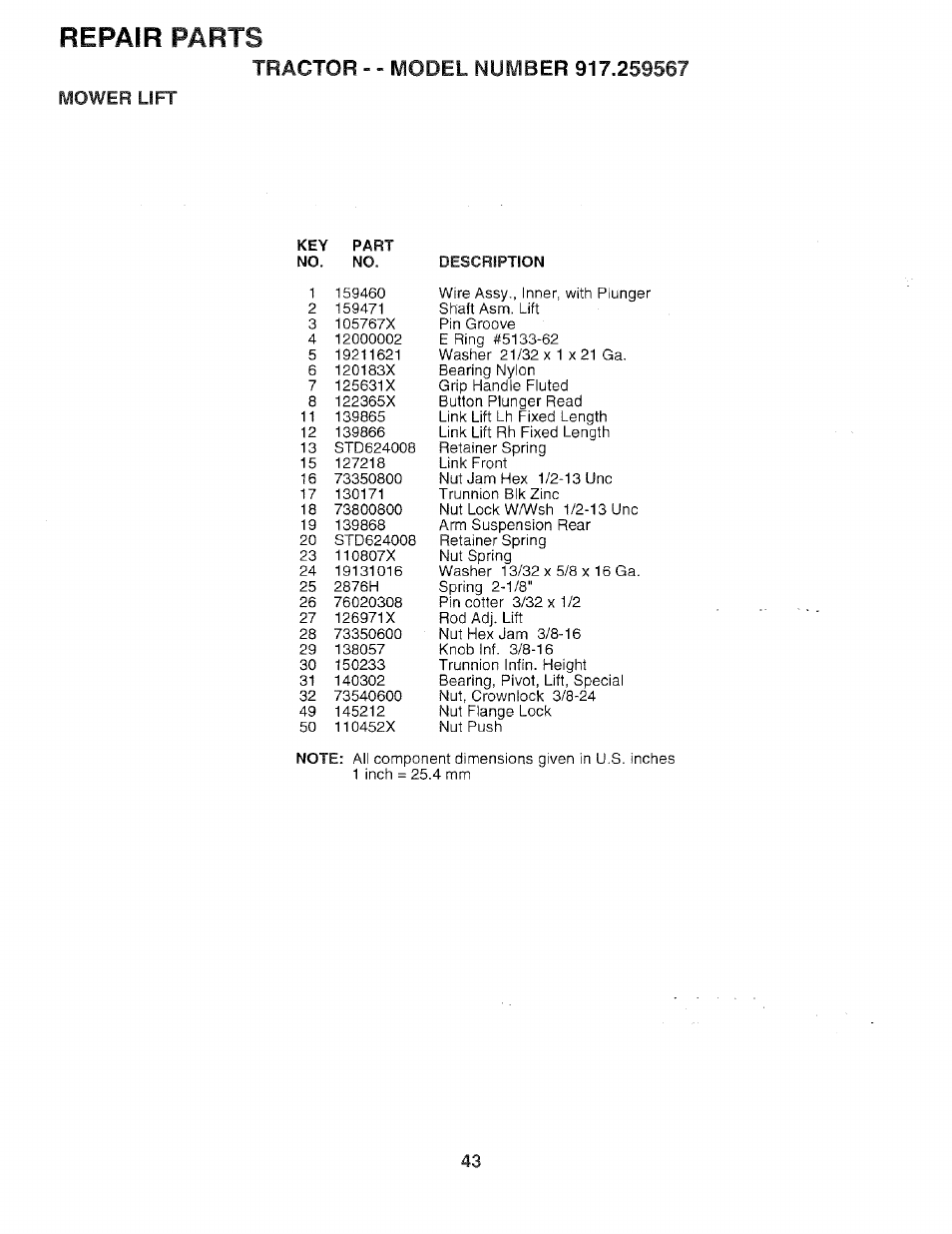 Mower lift, Repair parts | Sears 917.259567 User Manual | Page 43 / 56