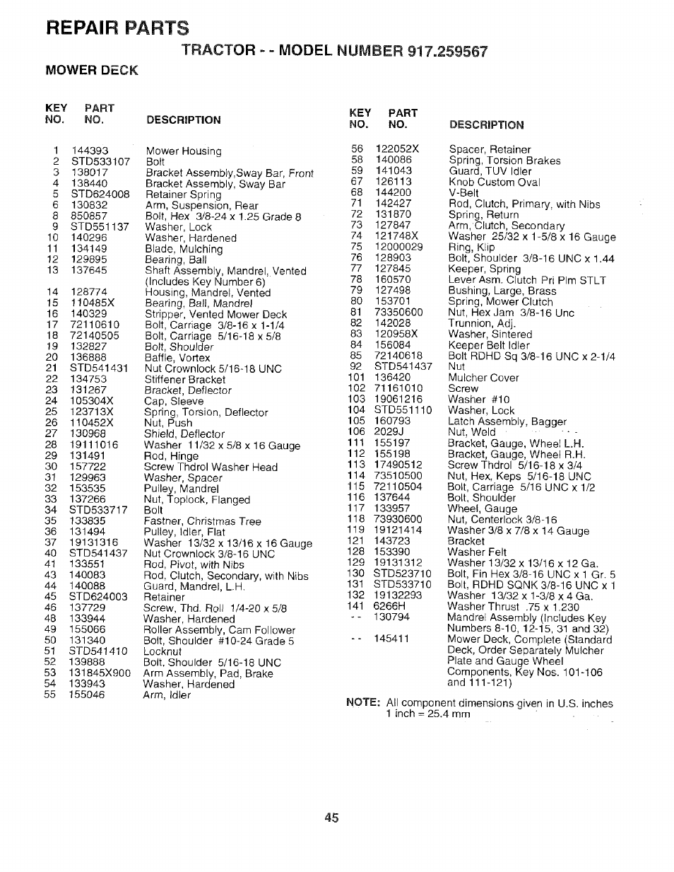 Mower deck, Repair parts | Sears 917.259567 User Manual | Page 45 / 56
