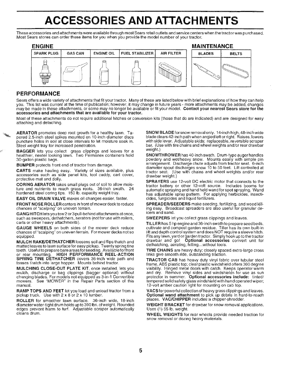 Accessories and attachments, Maintenance, Performance | Fli a д, Engine maintenance | Sears 917.259567 User Manual | Page 5 / 56