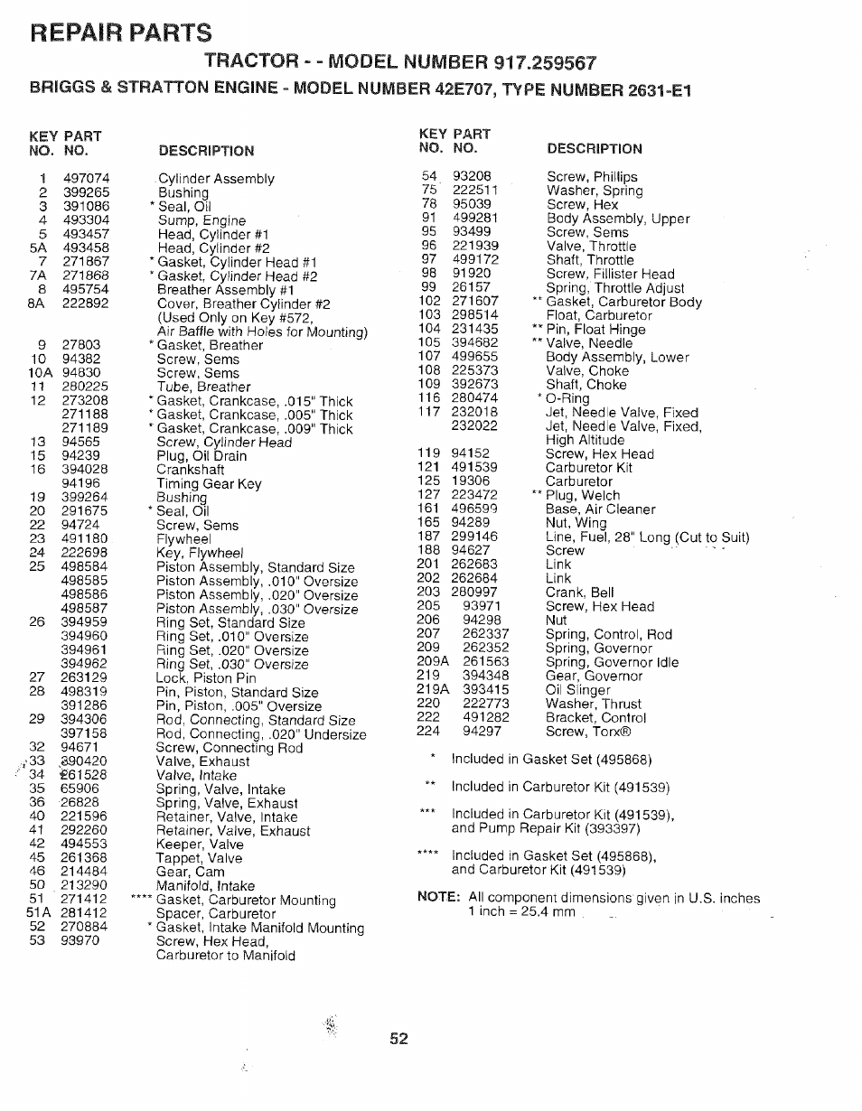 Repair parts | Sears 917.259567 User Manual | Page 52 / 56