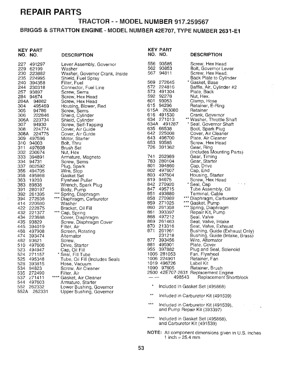 Repair parts, Stratton engine | Sears 917.259567 User Manual | Page 53 / 56